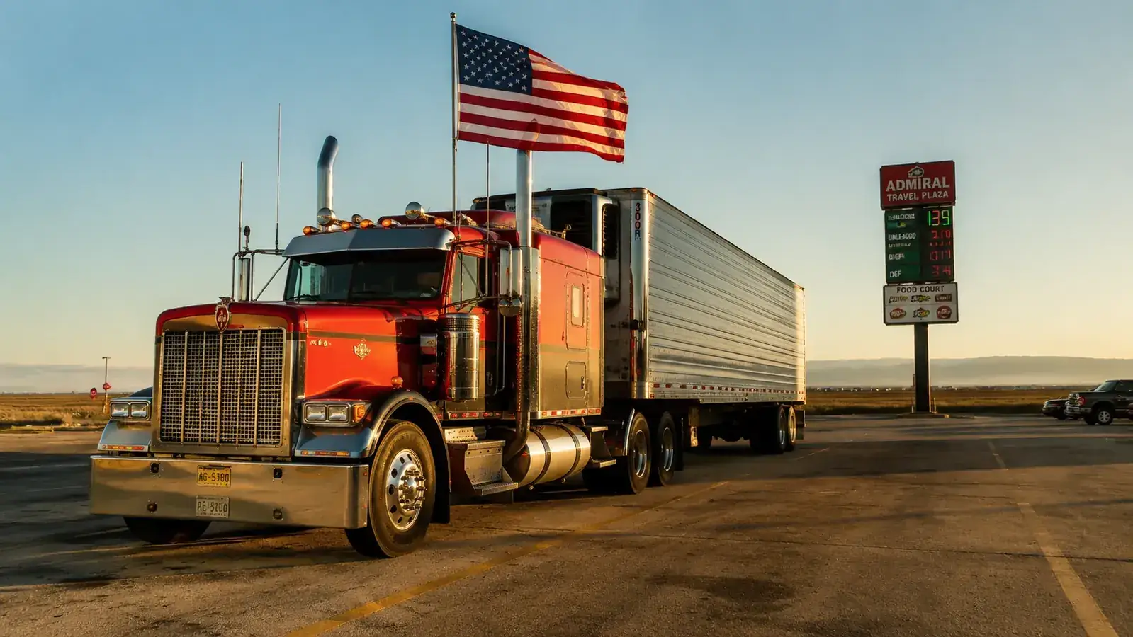 Semi truck parked at a rest stop with an American flag flying from a 5-foot pole mounted to the cab, morning light