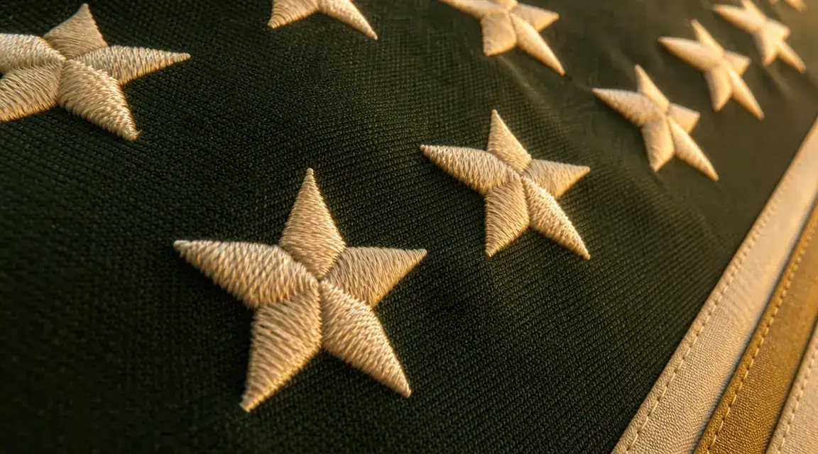 Close-up of embroidered stars on a heavy-duty American flag showing thick thread detail