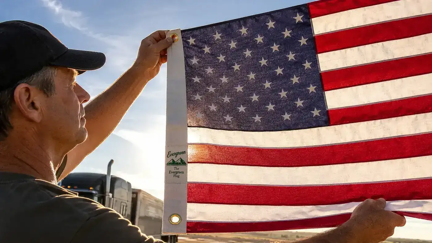 Trucker's hand checking brass grommets on an American flag mounted to a flagpole beside a semi truck cab