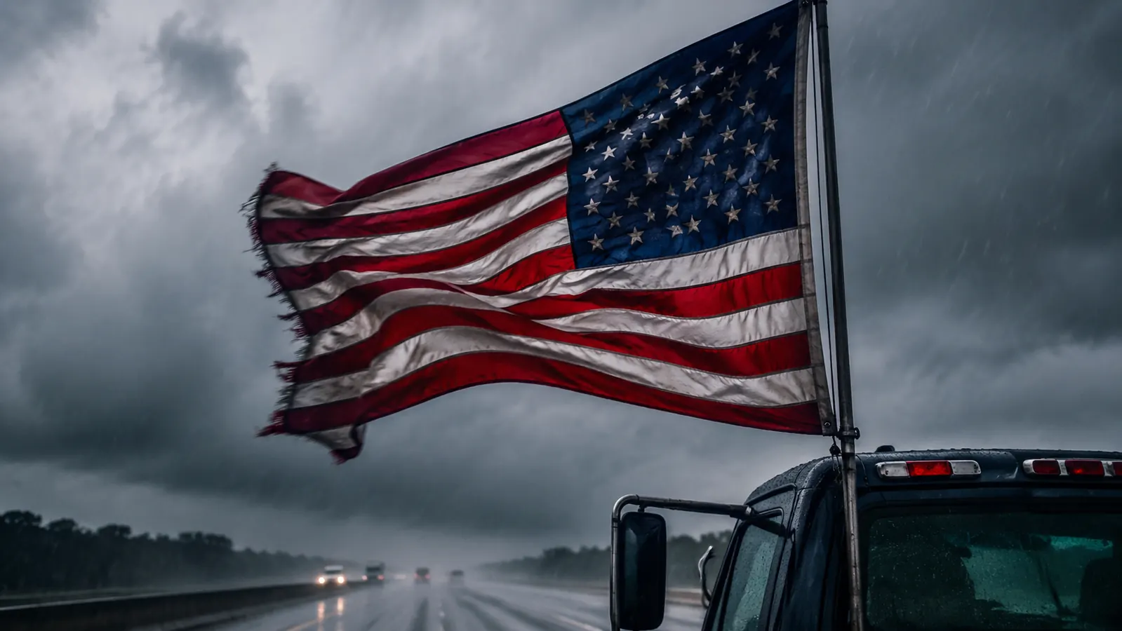 American flag fully extended and snapping in the wind on a highway during a rainstorm