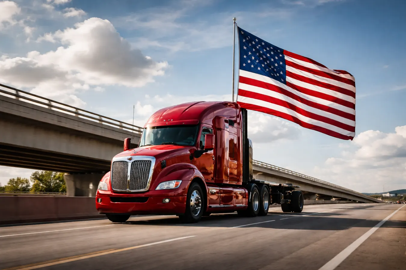 Heavy-duty American flag flying from a Kenworth semi truck on a highway overpass in clear daylight