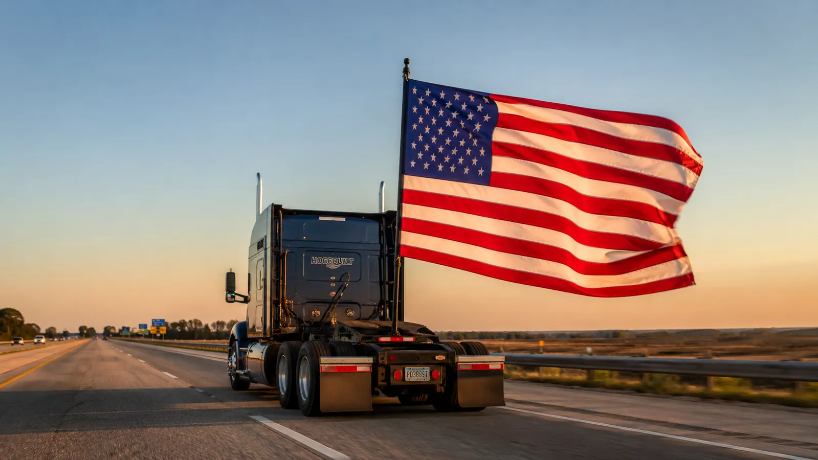 UniExtra hitch mount flagpole holder installed on the rear receiver of a black semi truck, American flag flying at highway speed