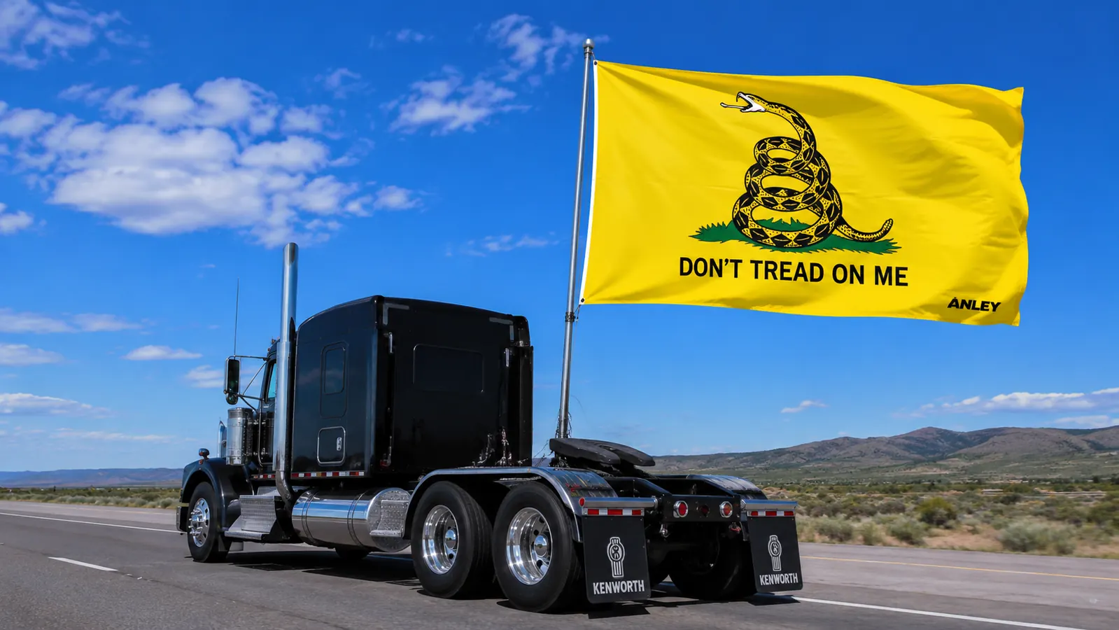 Anley Don't Tread on Me 3x5 flag clipped to a flagpole mount on a semi truck, flag fully extended in the wind