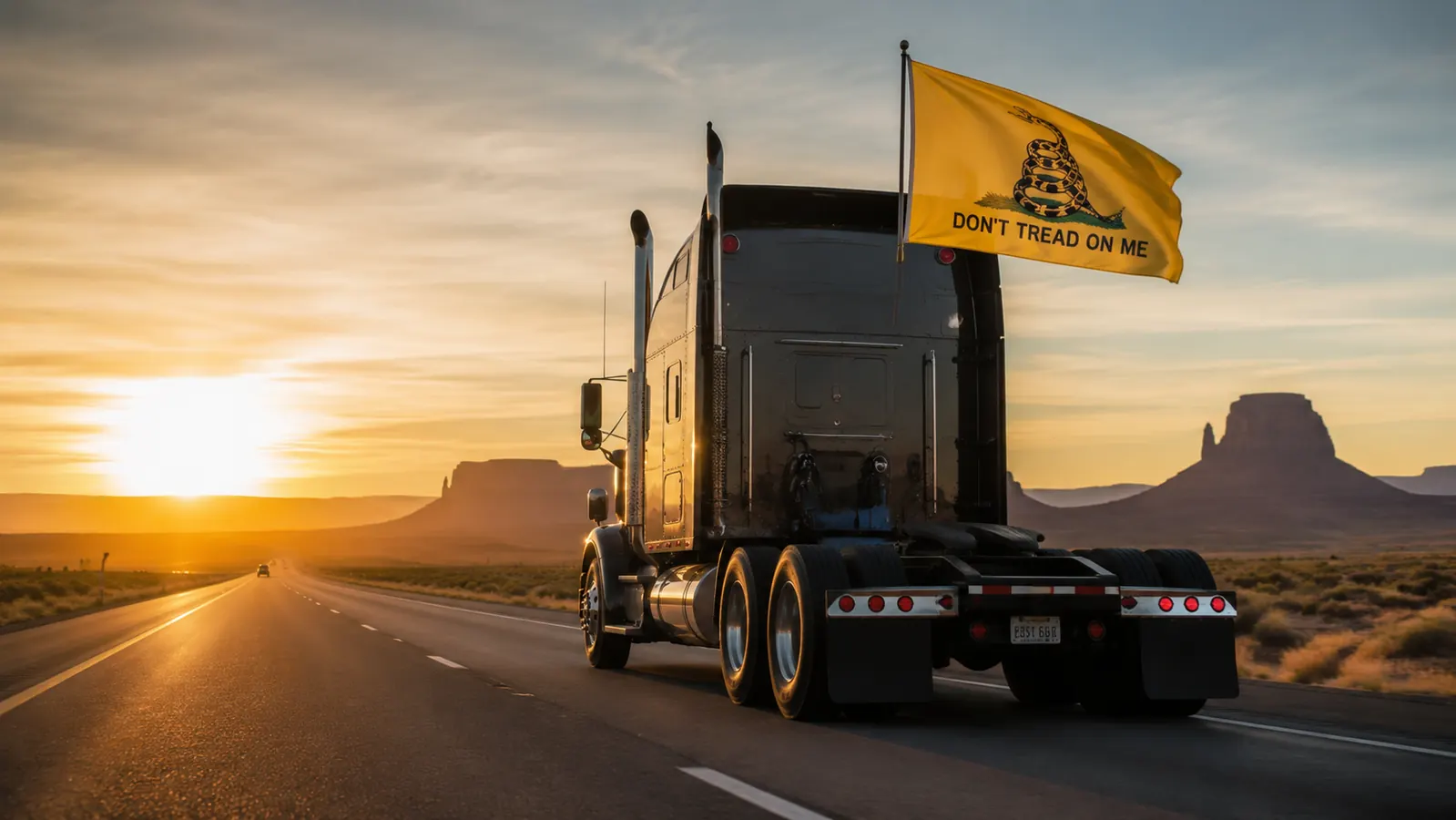 Don't Tread on Me Gadsden flag flying from a semi truck cab on a two-lane highway at sunrise