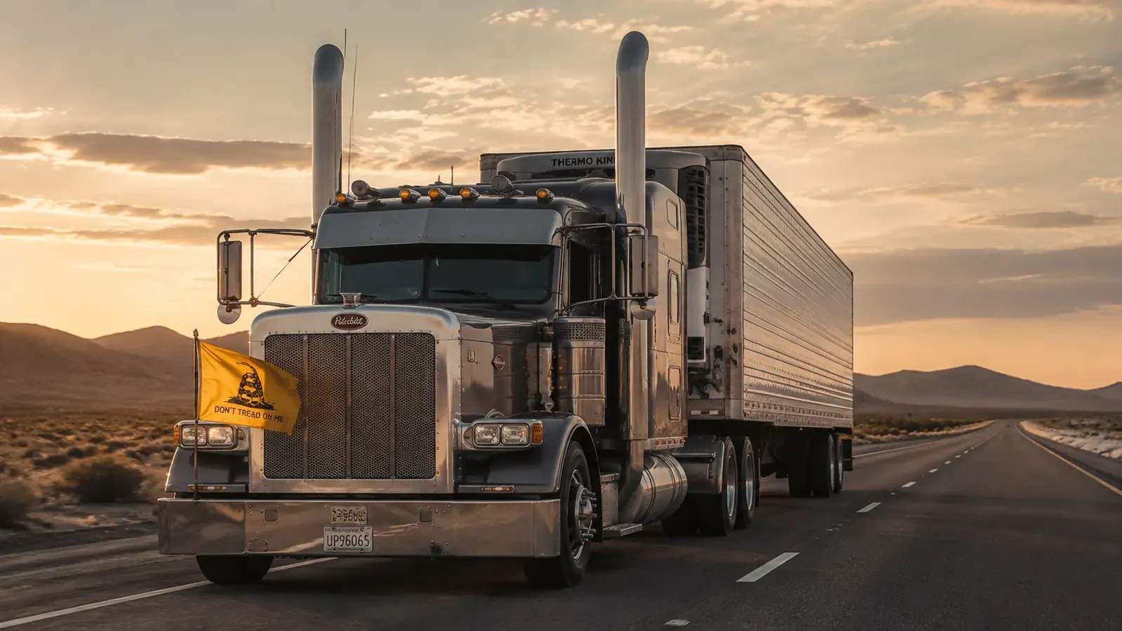 Anley Don't Tread on Me flag flying from the hitch mount of a Peterbilt 389 on a two-lane highway, golden hour light