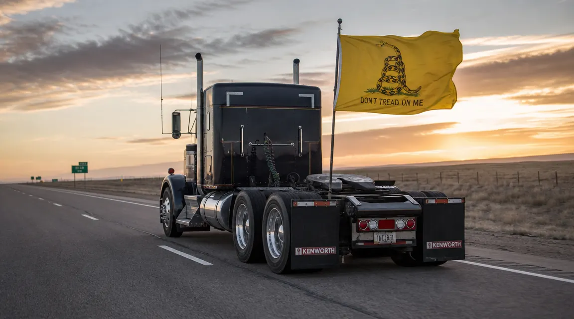 Anley Don't Tread on Me Gadsden flag flying from the rear of a semi truck on a highway at sunset