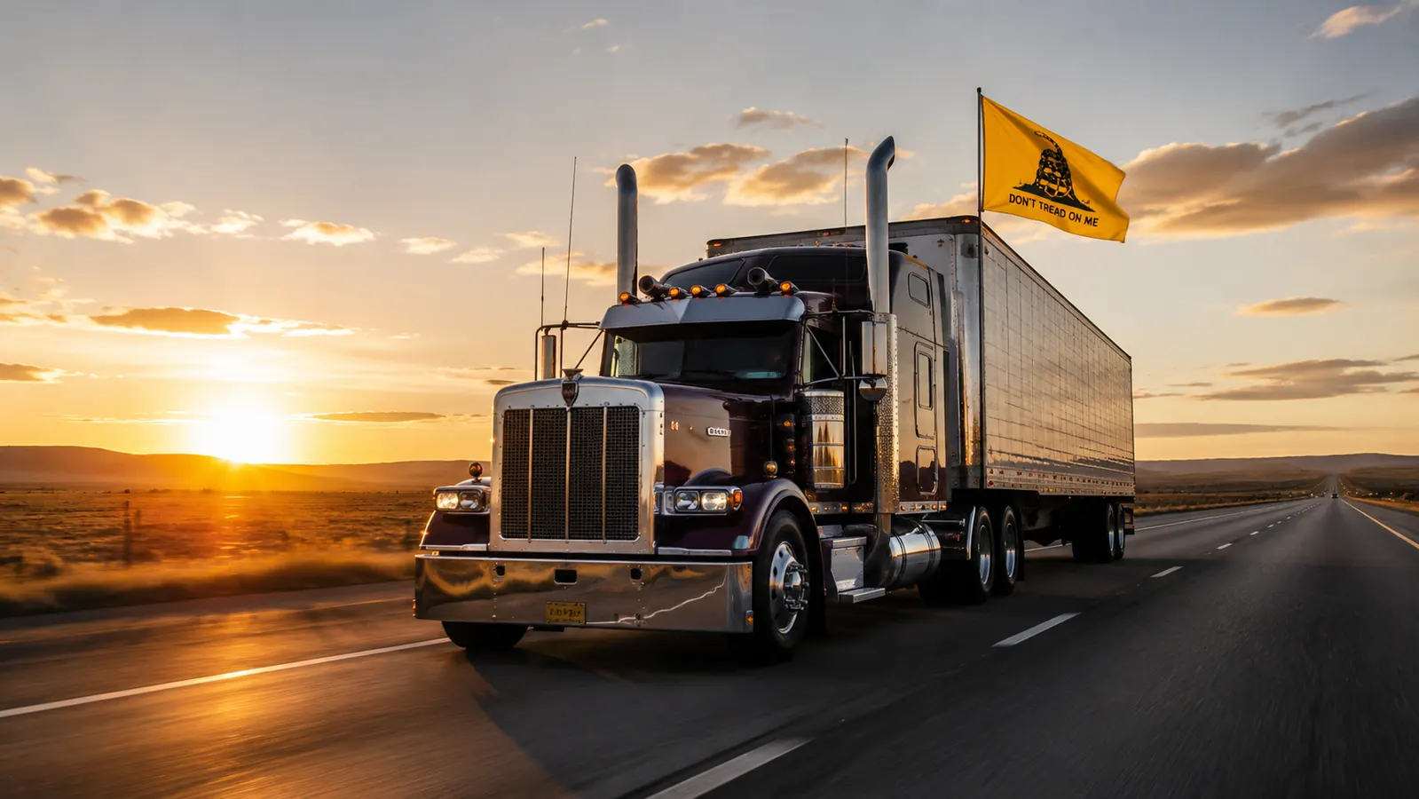 Gadsden Don't Tread on Me flag flying from the back of a semi truck cab on an open highway at sunrise