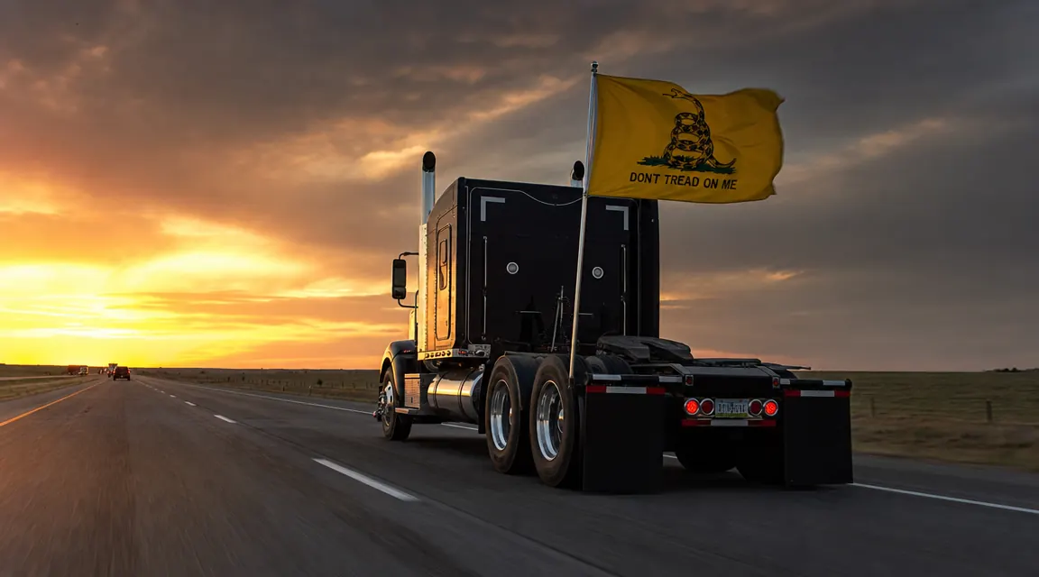 Anley Don't Tread on Me flag flying on the back of a semi truck on an open interstate highway at dusk