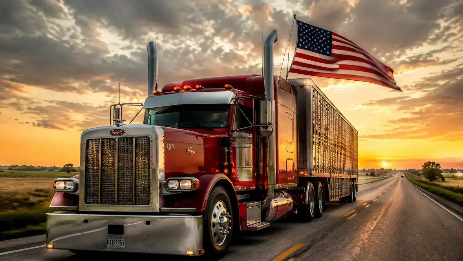 Evergreen Flag 3x5 American flag flying from the passenger-side mirror mount of a red Peterbilt semi truck on an open highway at golden hour