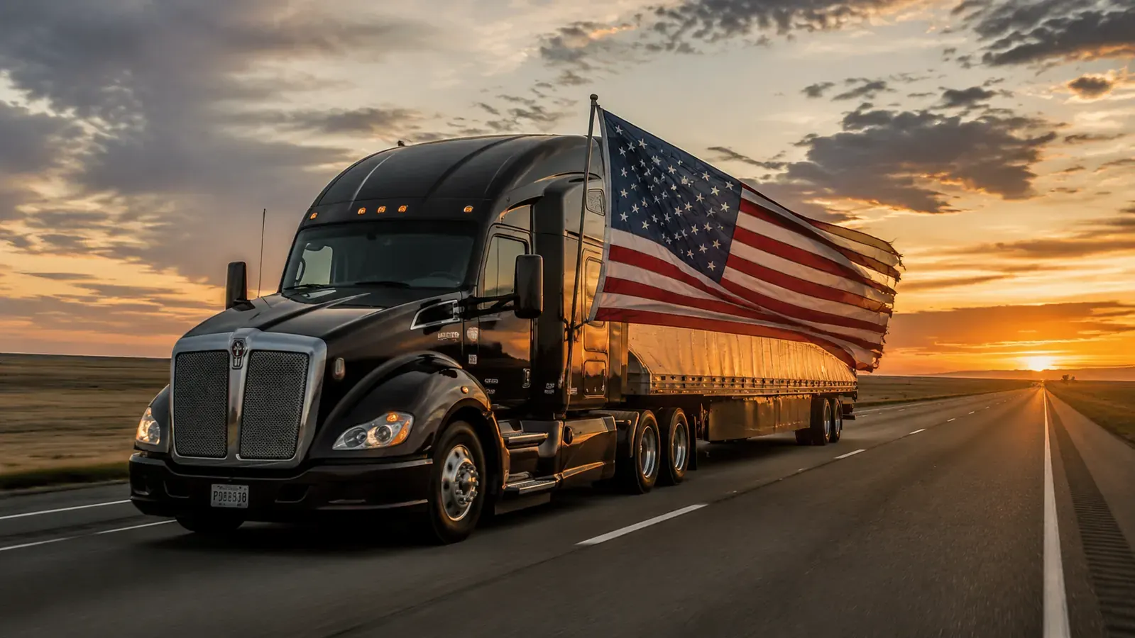 Large American flag flying from the side of a Kenworth semi truck on the open highway at sunrise