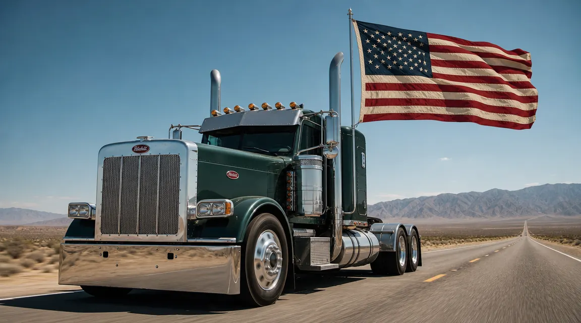 Close-up of embroidered American flag grommets secured to a chrome pole mount on a truck cab, flag fabric taut in the wind
