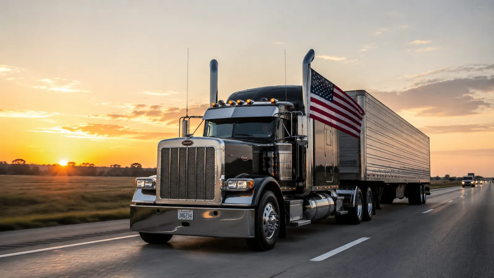 Peterbilt semi truck cab with American flag flying on the passenger side, early morning highway light, long flat interstate stretching ahead