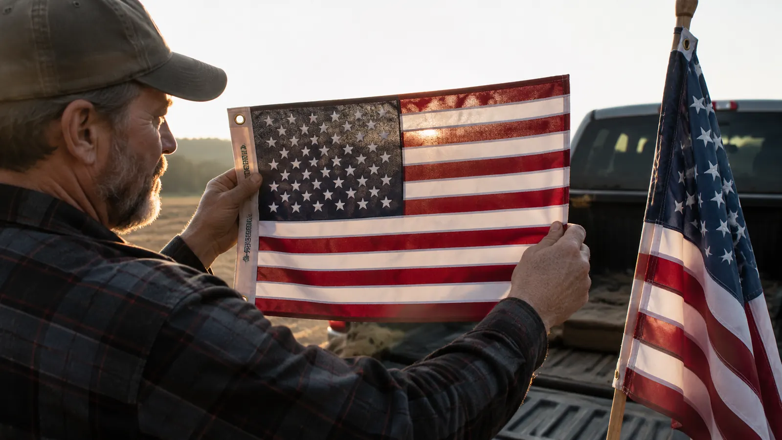 Worn brass grommet on a cheap polyester American flag showing stress cracks and fabric tearing around the eyelet