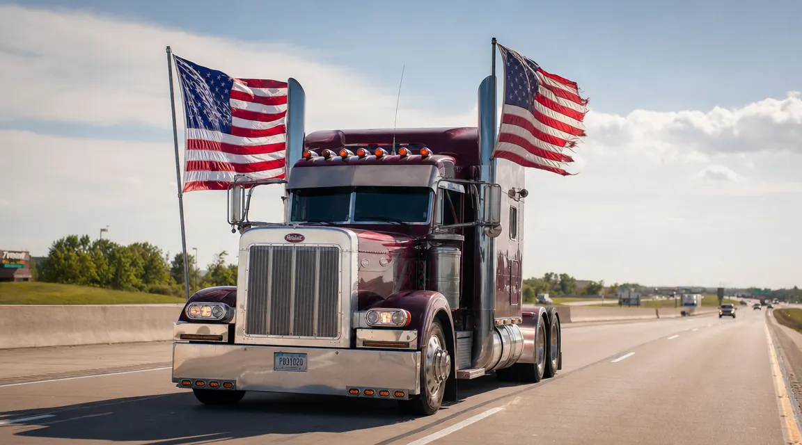 Two American flags flying side by side from a semi truck's cab at highway speed, one crisp and the other showing fraying along the edges