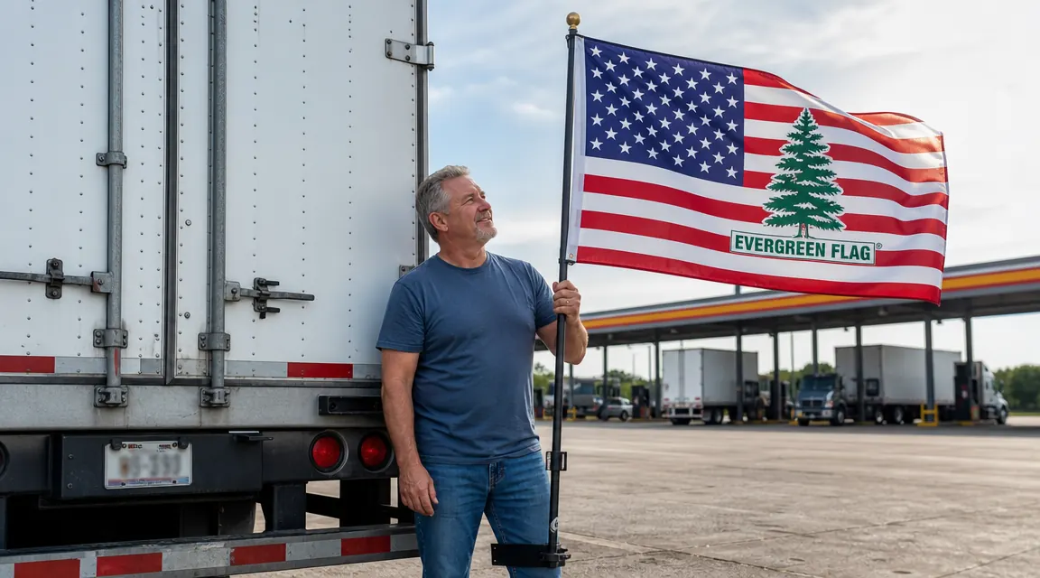 Trucker's hands tightening a hitch receiver flagpole mount on the back of a semi truck at a truck stop