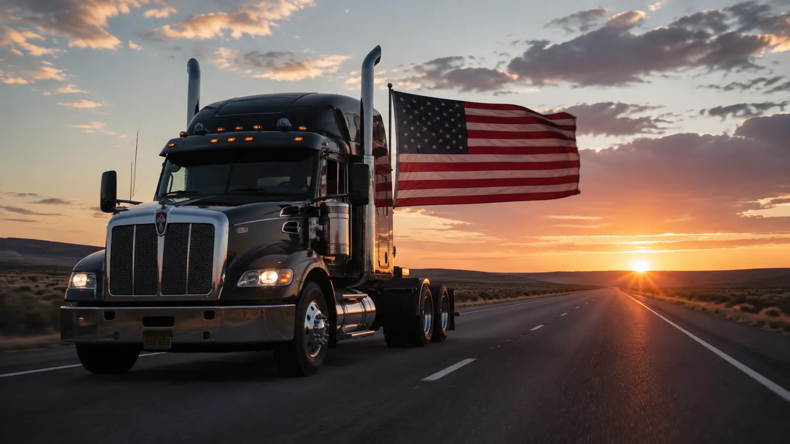 American flag flying from the back of a black semi truck on a wide open interstate highway at sunrise