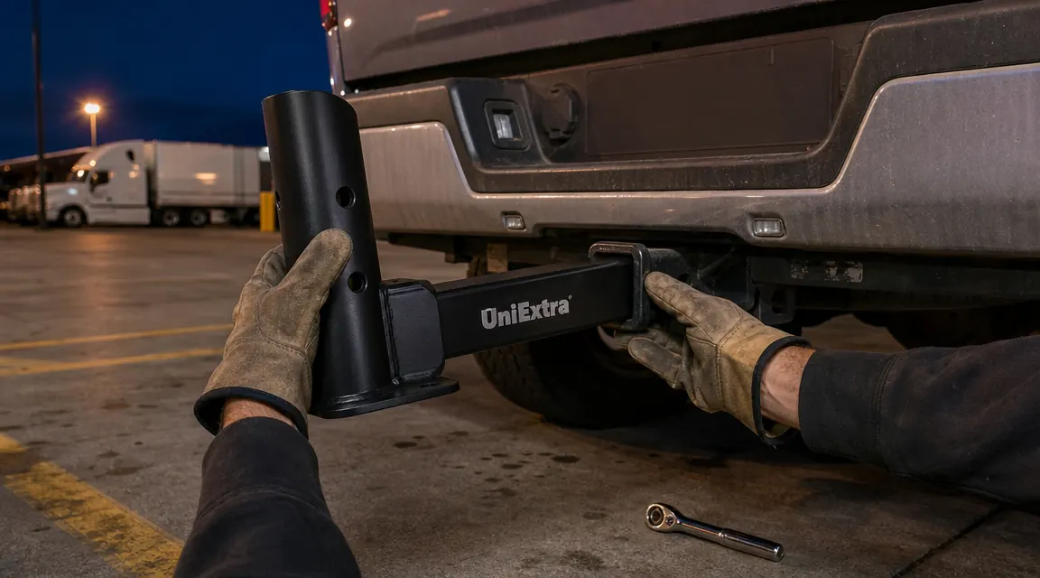 Close-up of hands threading the hitch receiver mount bolt through a 2-inch receiver tube under a semi truck bumper