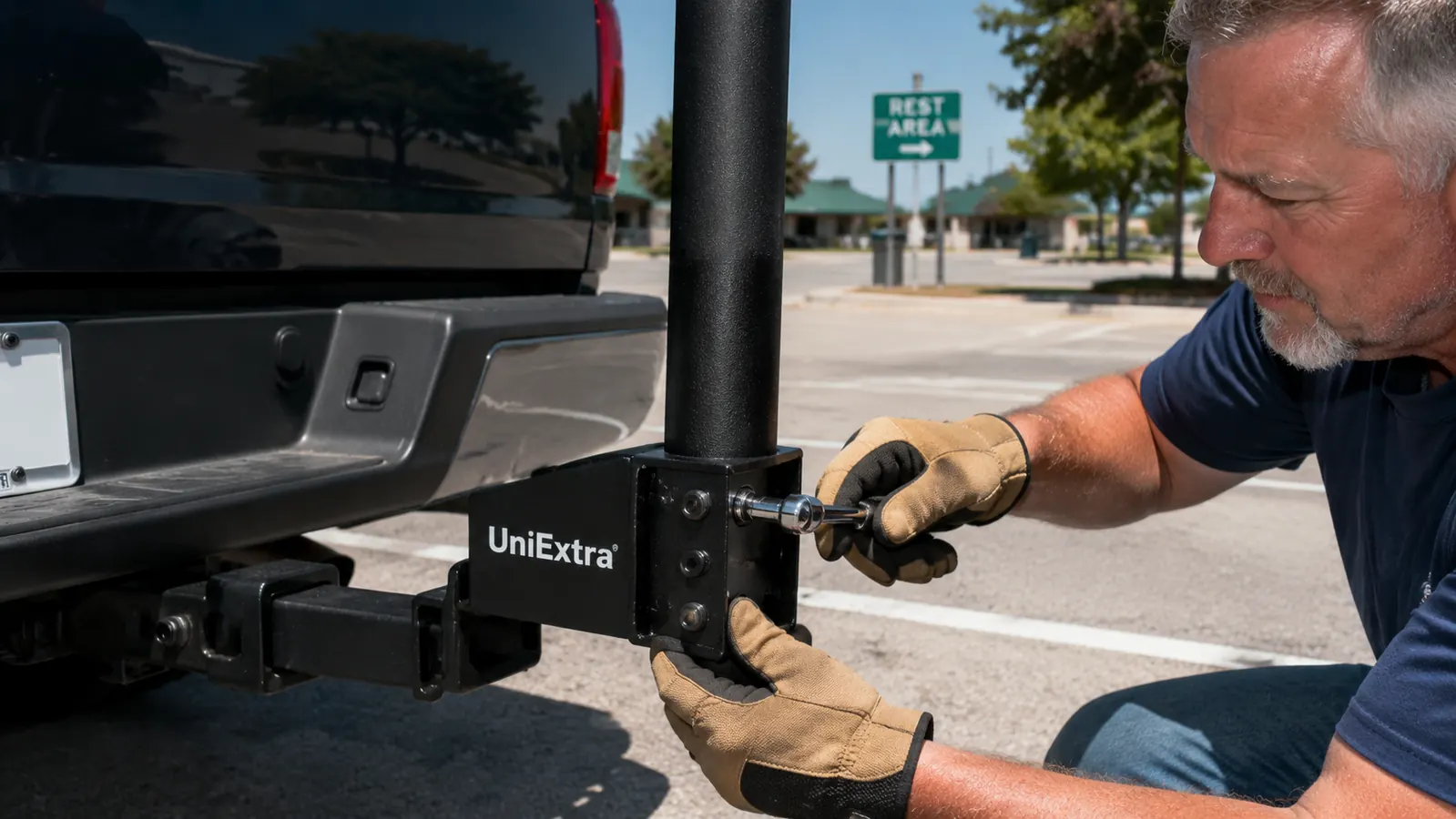 Trucker adjusting the flagpole angle collar on the hitch mount beside his idling Freightliner Cascadia