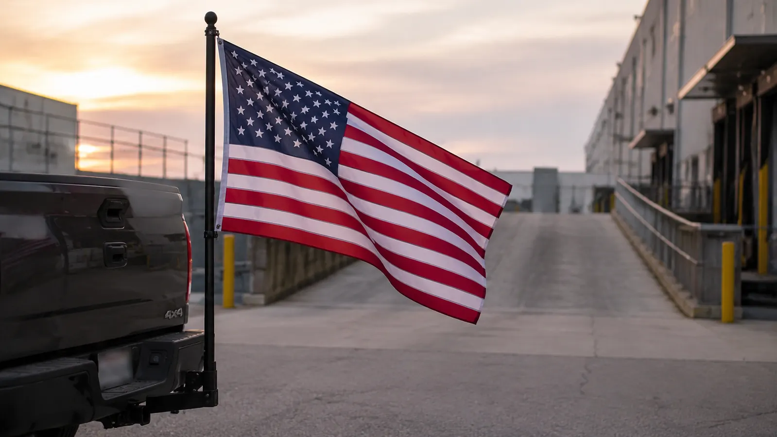 The UniExtra hitch mount standing alone with an American flag attached, full pole visible, truck dock ramp visible in the background