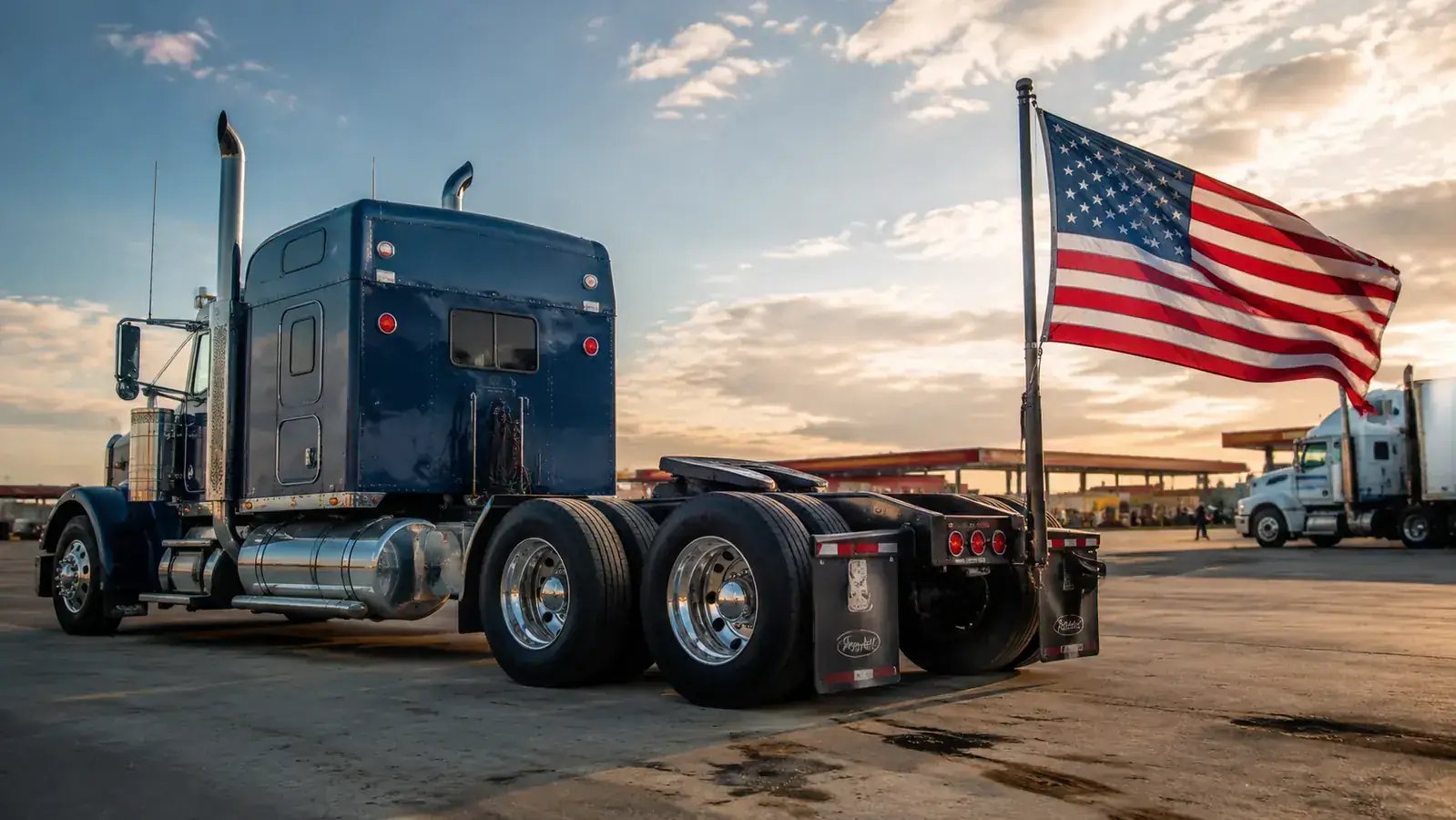 Semi truck parked at a rest stop with an American flag flying from a 2-inch hitch receiver mount on the rear bumper