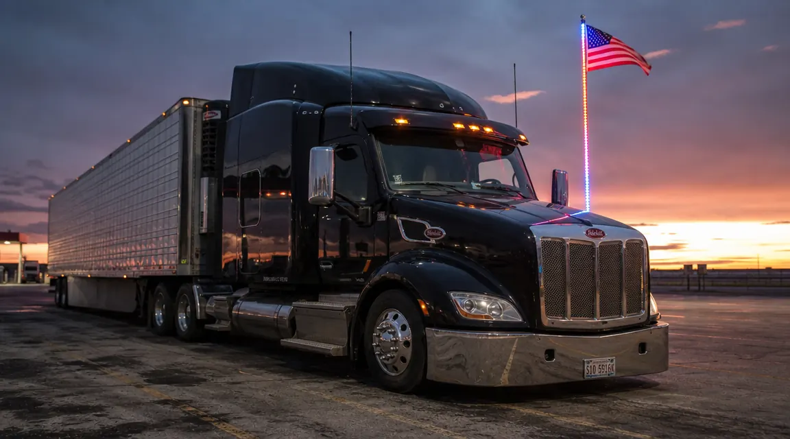 Semi truck cab at dusk with a glowing red-white-blue LED whip flag pole mounted on the passenger-side mirror bracket, American flag illuminated against the darkening sky