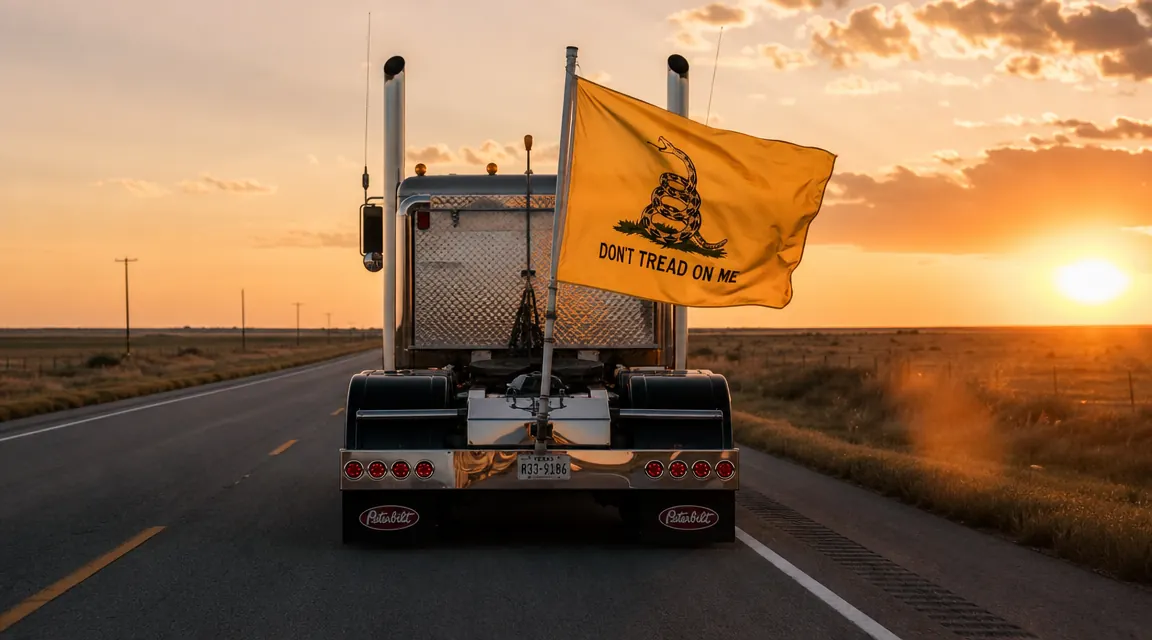 Don't Tread on Me Gadsden flag flying from the back of a semi truck on a sunlit highway
