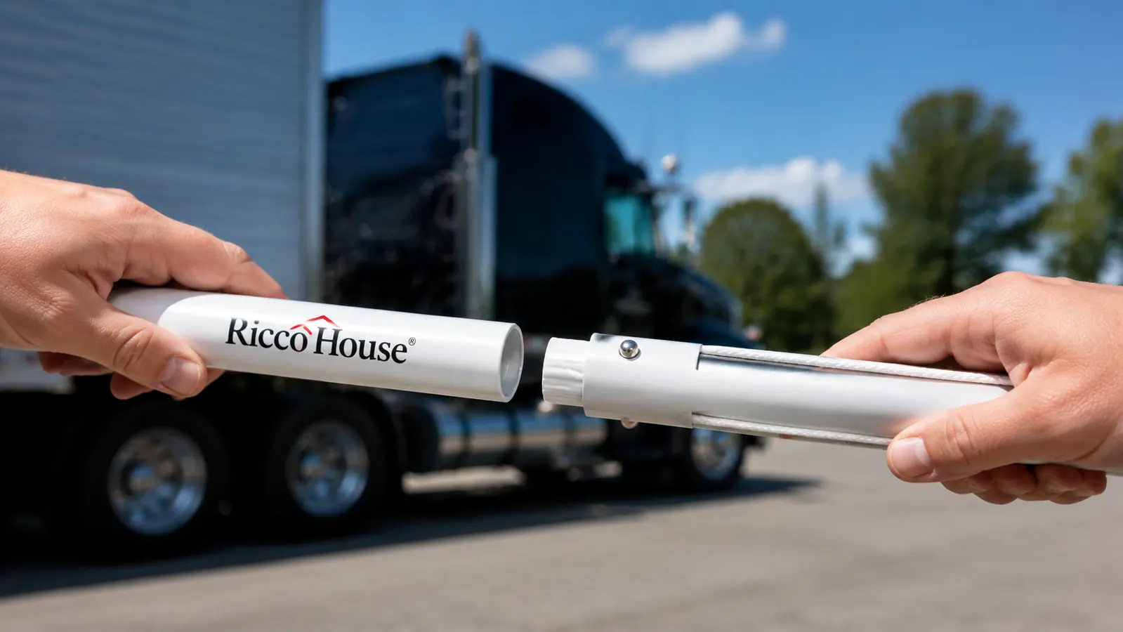 Close-up of a hand threading a flagpole section together at the base mount on the back of a semi truck
