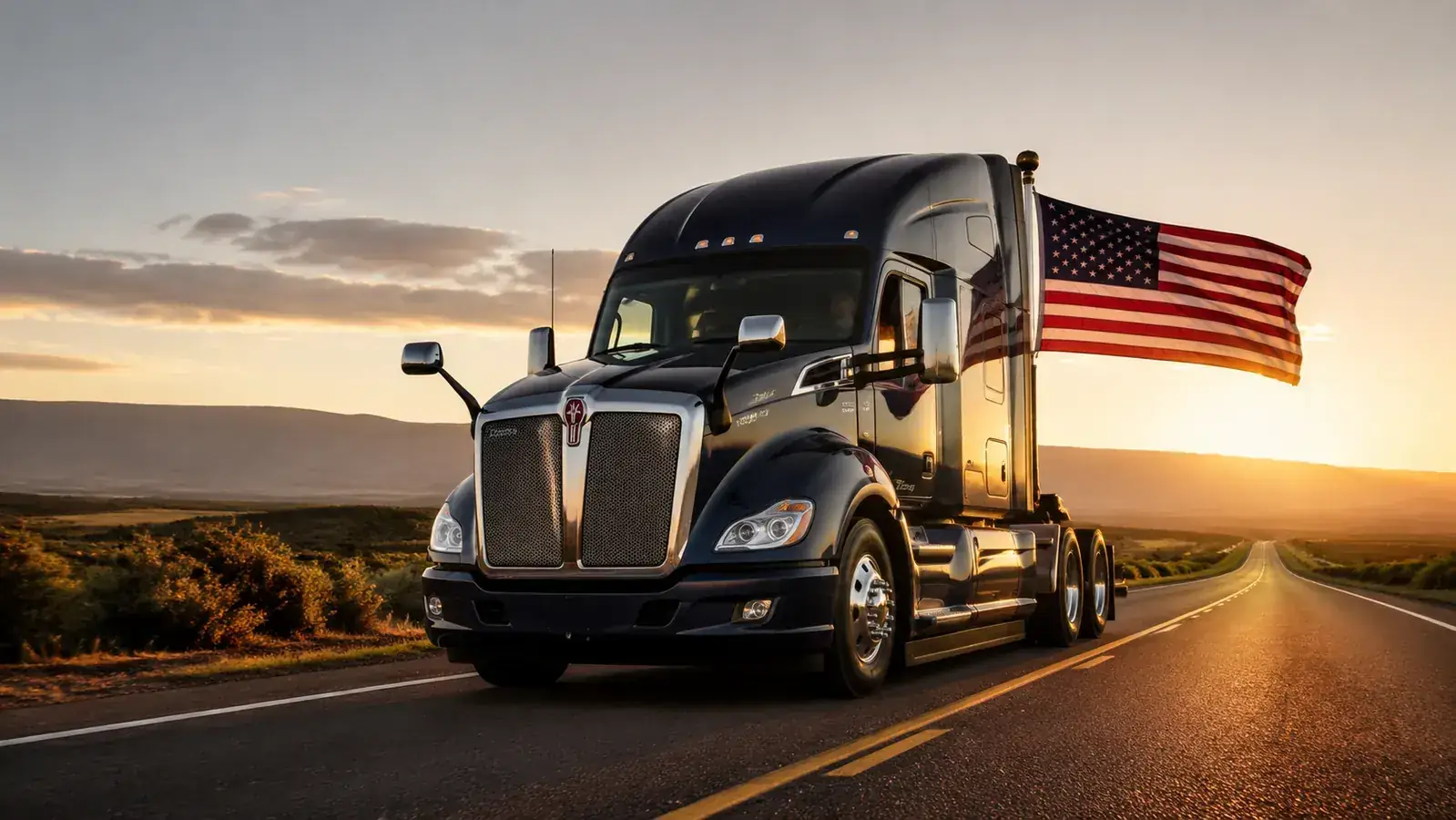 Semi truck with an American flag on a flagpole mounted at the rear bumper, open highway at sunrise