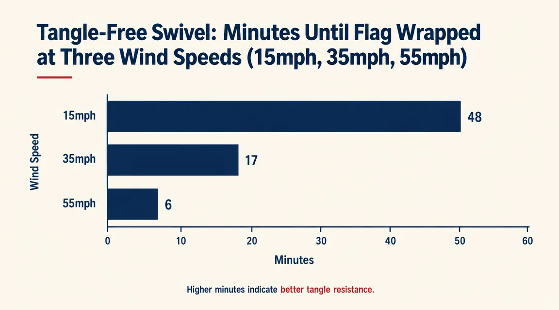 Side-by-side comparison chart of tangle-free swivel performance over time, showing minutes until tangle at three wind speeds