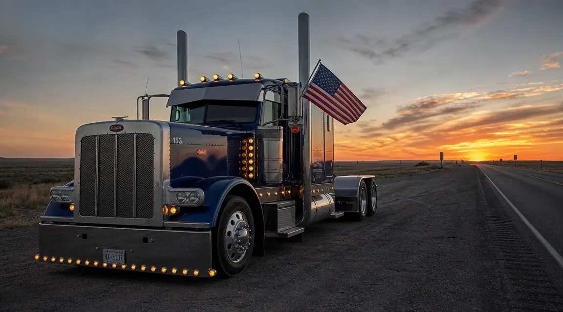 Ricco House flag pole kit with embroidered American flag flying from a semi truck cab at dusk on a highway