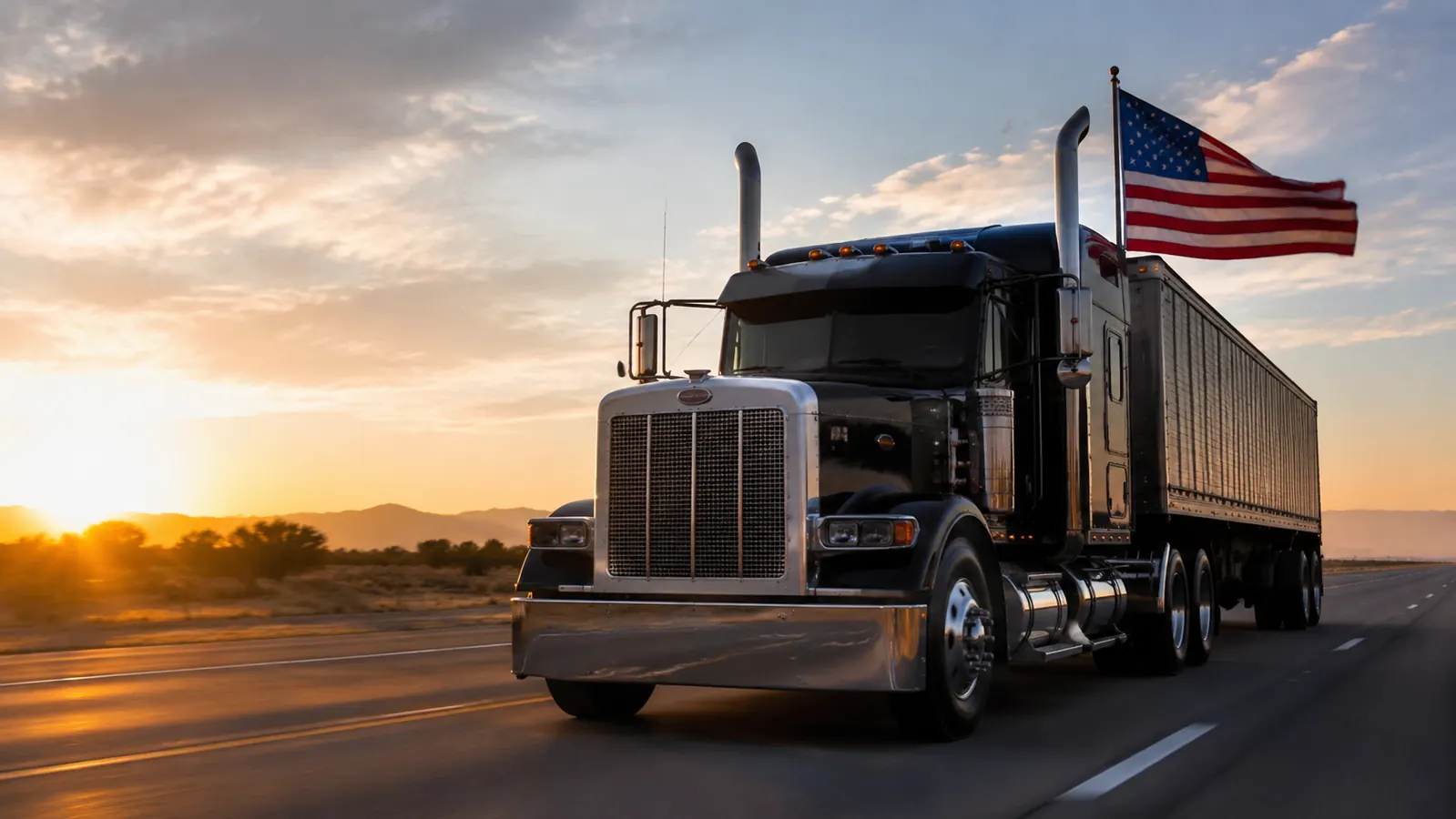 Ricco House 5-foot flagpole kit with 3x5 US flag flying from a semi truck cab in morning sunlight on an empty interstate