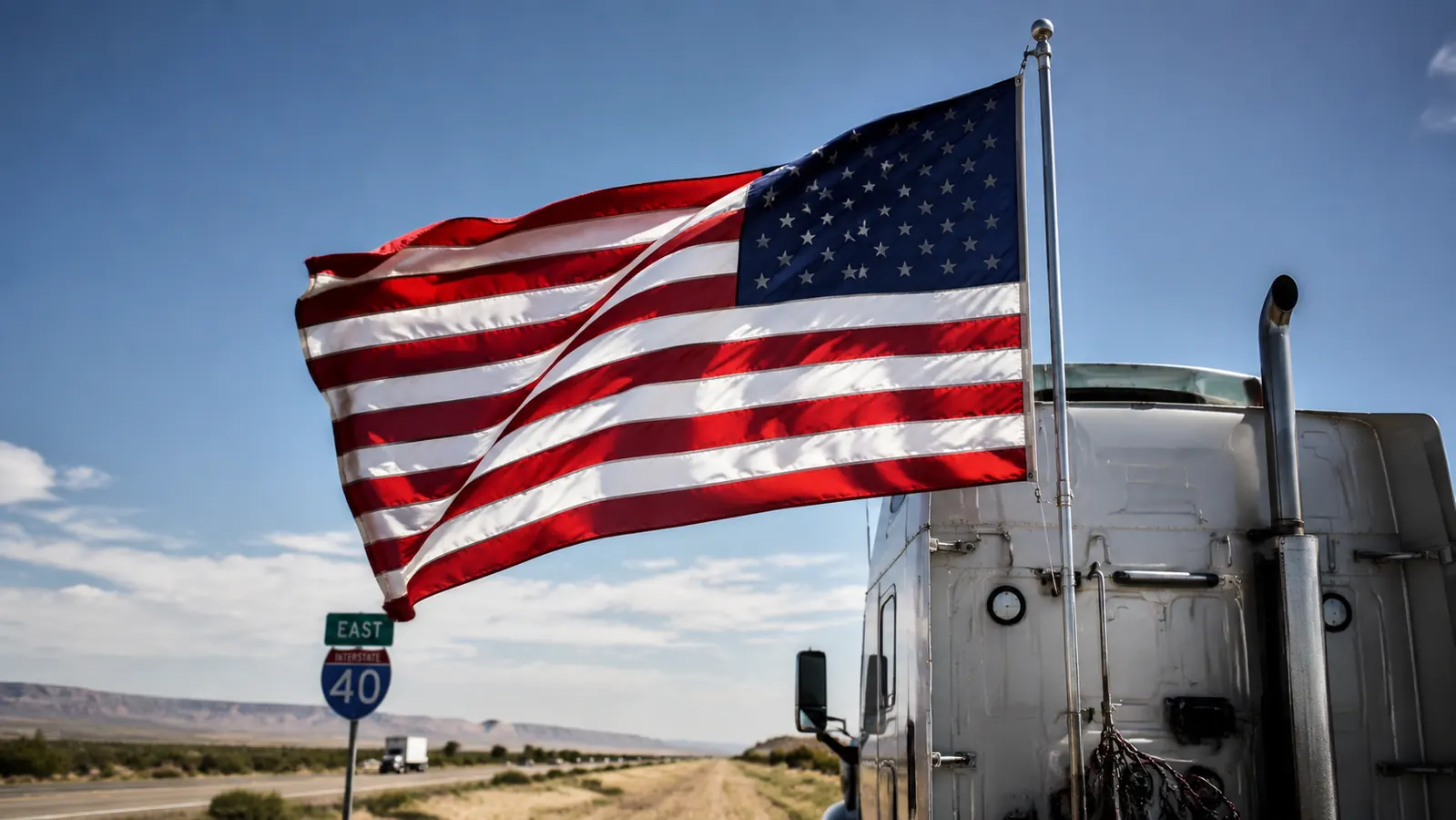 American flag fully extended on a five-foot pole mounted to a semi truck, flag snapping in the wind with blue sky and open highway visible