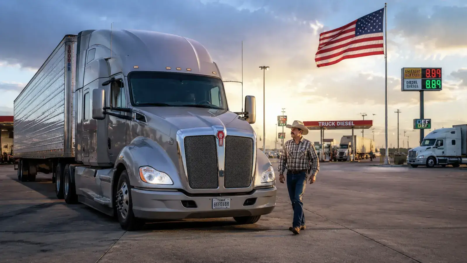 Semi truck cab parked at a Texas truck stop with an American flag flying on a pole mounted near the rear, golden late-afternoon light