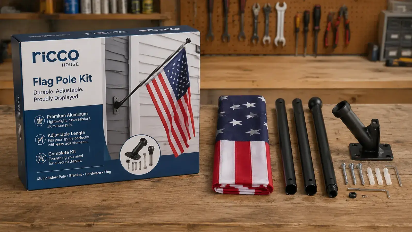 Close-up of the Ricco House flag kit pole hardware, including the tangle-free swivel and mounting bracket