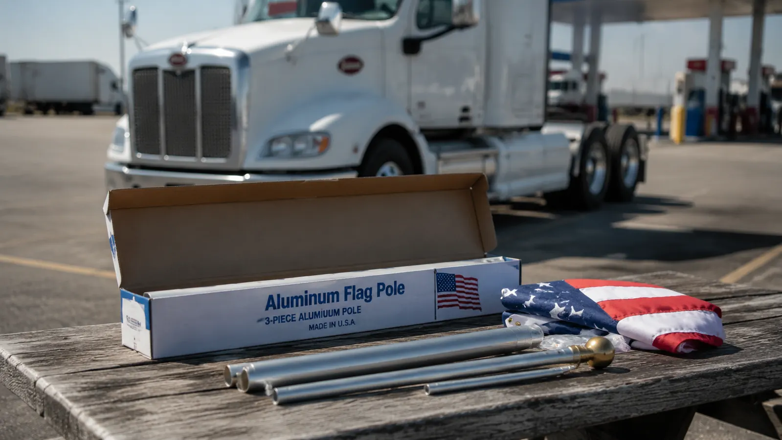 Ricco House complete flag kit box open on a truck stop picnic table, American flag and pole sections laid out beside it