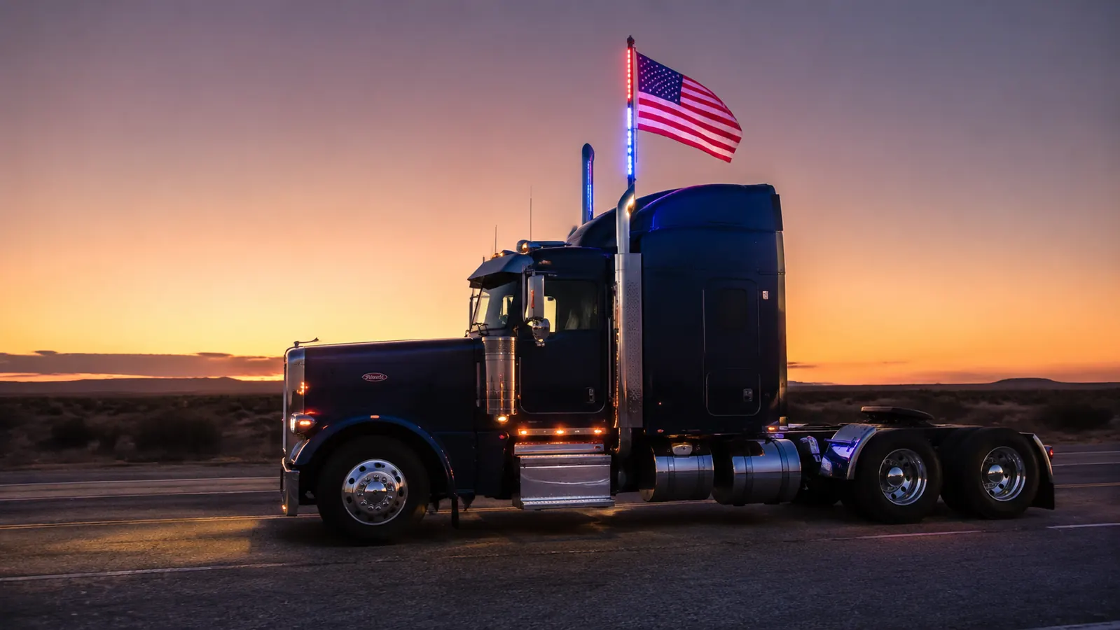 True Mods LED whip light with USA flag mounted on Peterbilt semi truck cab roof at dusk, RGB LEDs glowing red, white, and blue
