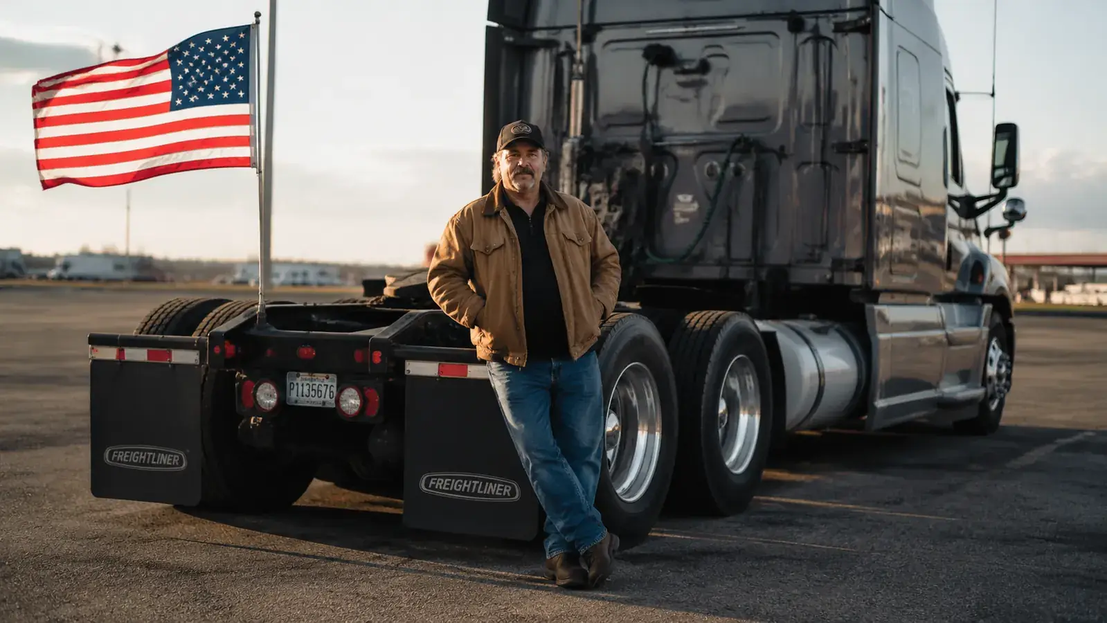 Trucker standing beside his Freightliner at a rest stop, American flag flying proudly from the hitch mount on the rear of the truck