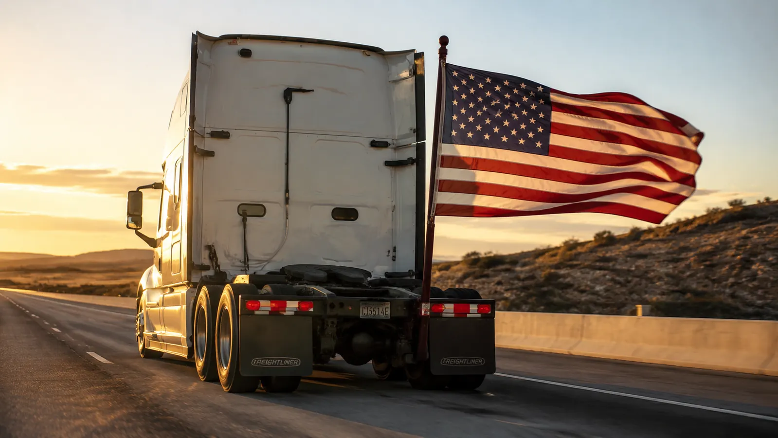 Black steel hitch mount flagpole holder installed in a semi truck receiver hitch, American flag flying on a clear day at highway speed