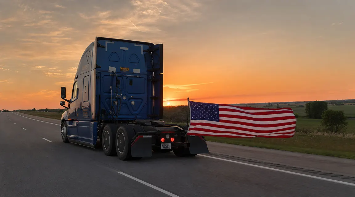 A Freightliner semi truck on the interstate at dawn with an American flag flying from a hitch receiver mount on the rear bumper