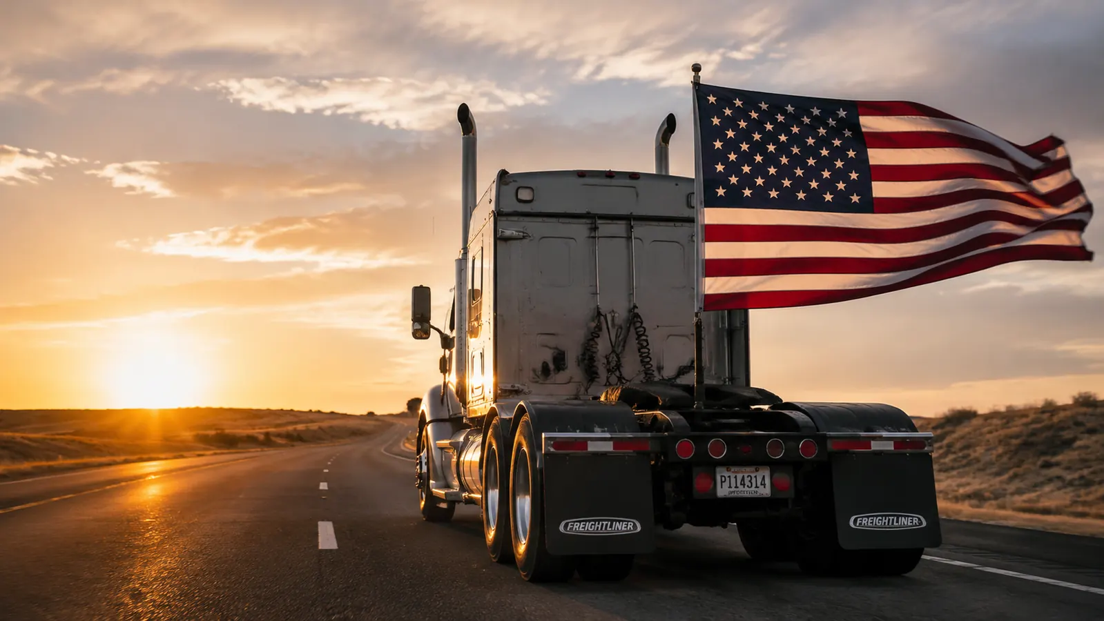 American flag mounted on hitch receiver of a semi truck, flag flying at highway speed on the interstate
